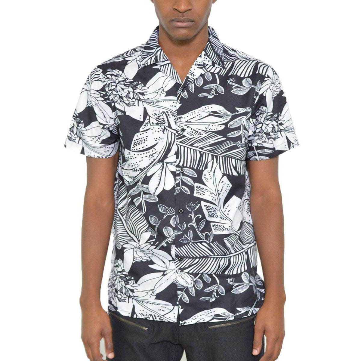 WEIV black and white button down for men featuring a stylish floral print and short sleeves