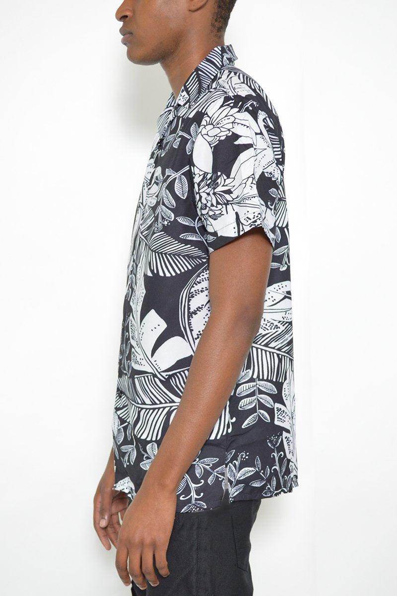 Stylish WEIV black and white button down for men featuring a tropical print design