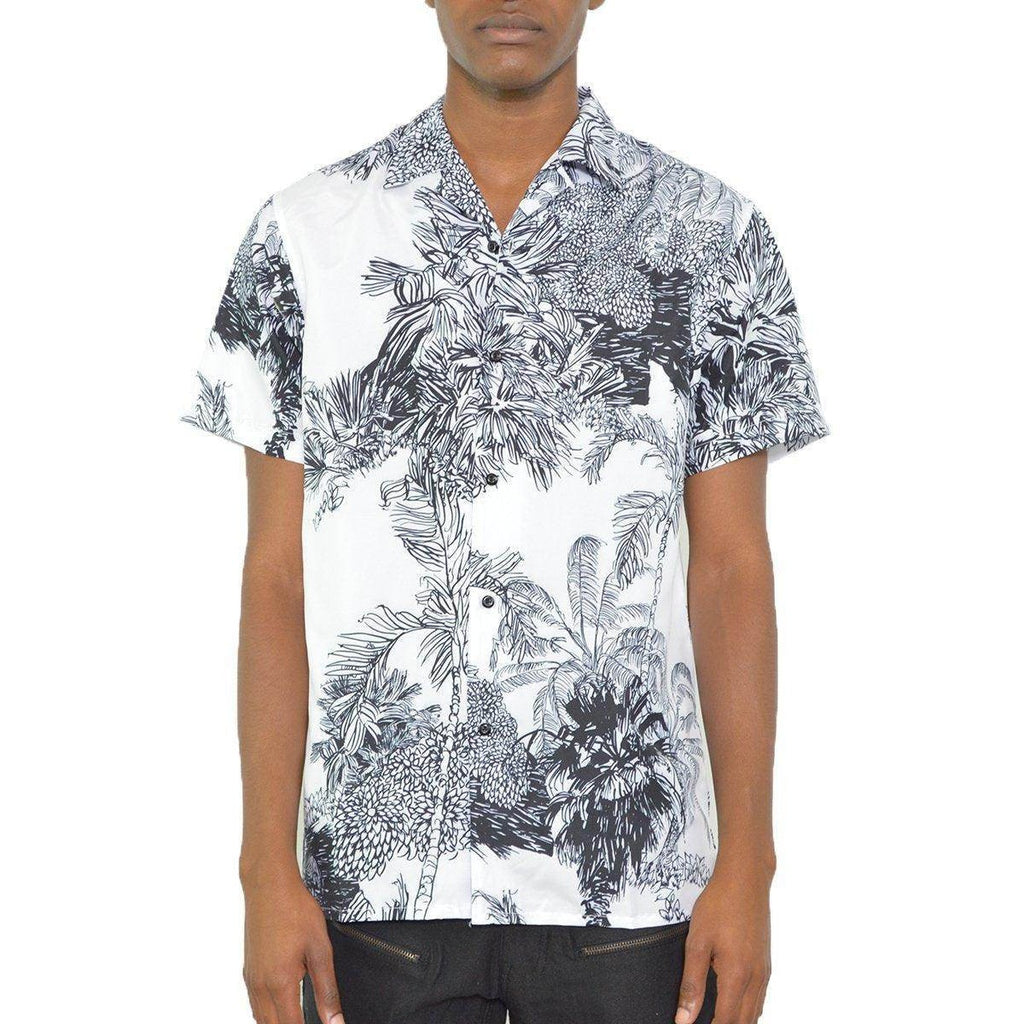 Black and white short sleeve shirt for men featuring a tropical print design