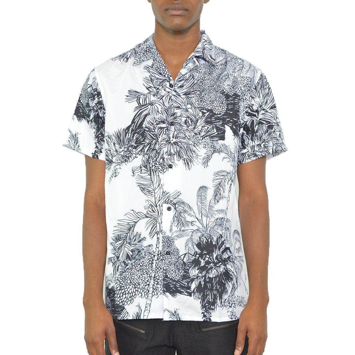 Black and white short sleeve shirt for men featuring a tropical print design