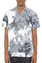 Black and white short sleeve shirt for men featuring a tropical print design