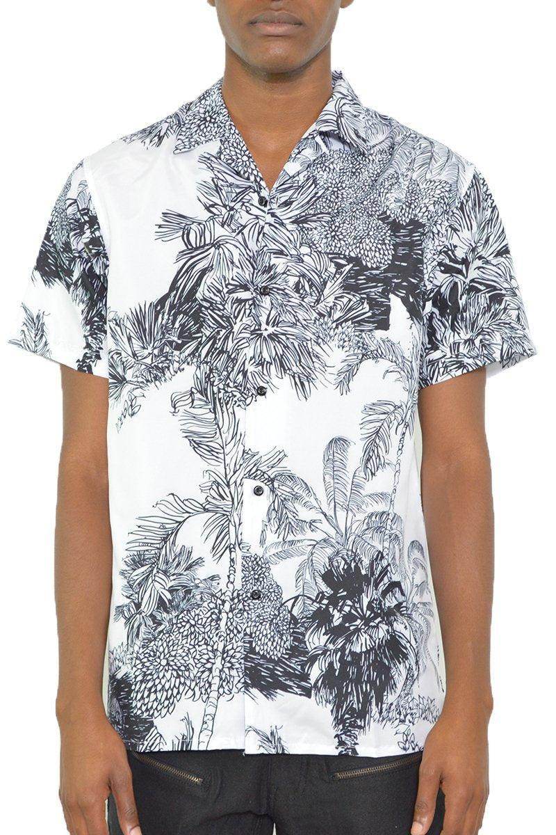 Black and white short sleeve shirt for men featuring a tropical print design