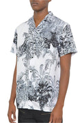 VacationGrabs black and white short sleeve shirt with tropical floral print for casual wear