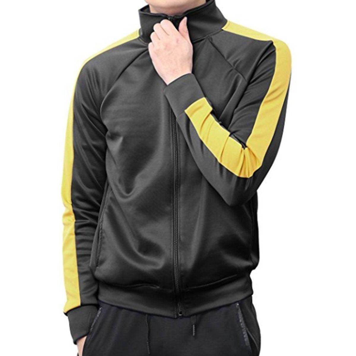 Stylish black and yellow mens track jacket with zip closure and sporty design