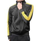 Stylish black and yellow mens track jacket with zip closure and sporty design