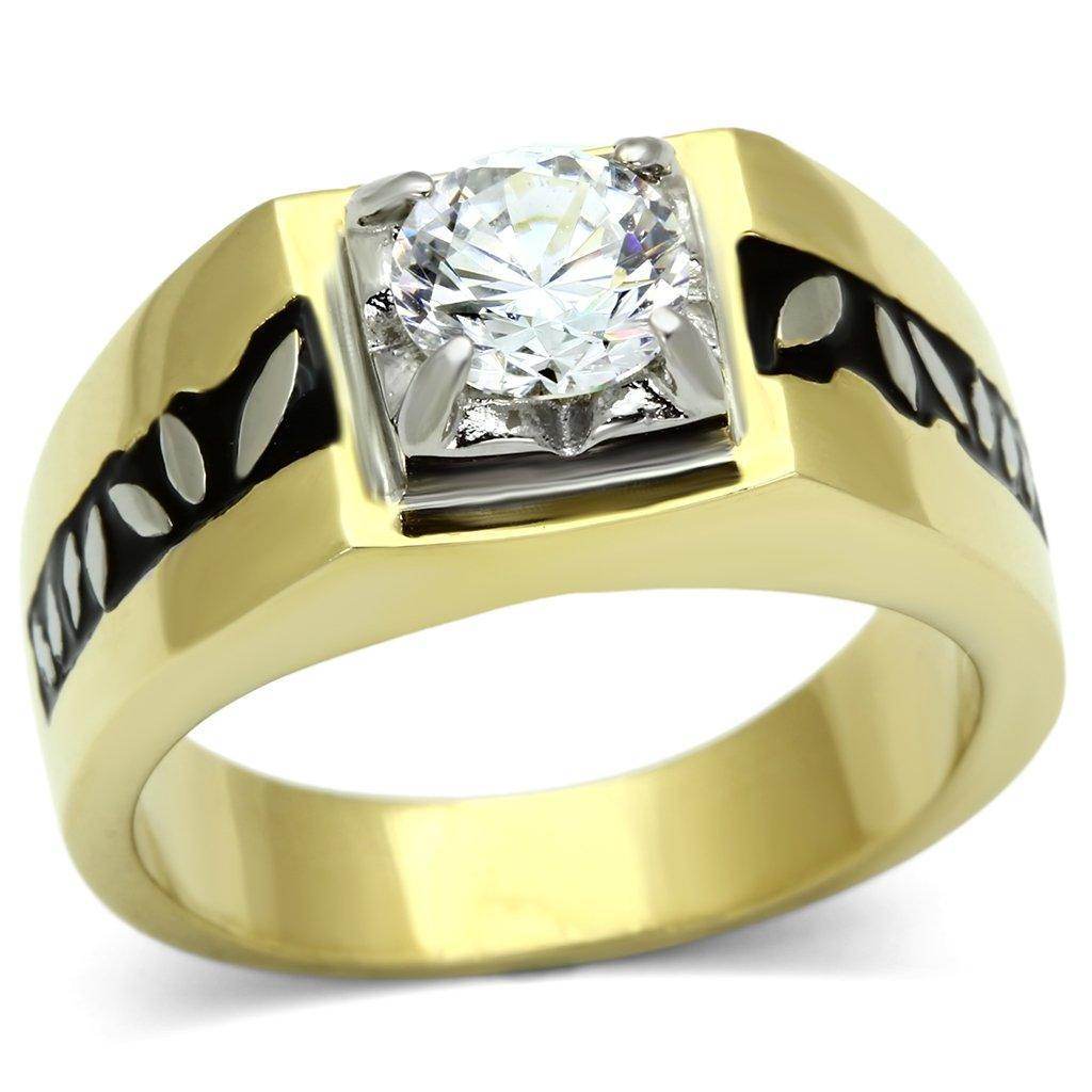 Stylish men's gold ring with a black band design ring and a sparkling center stone