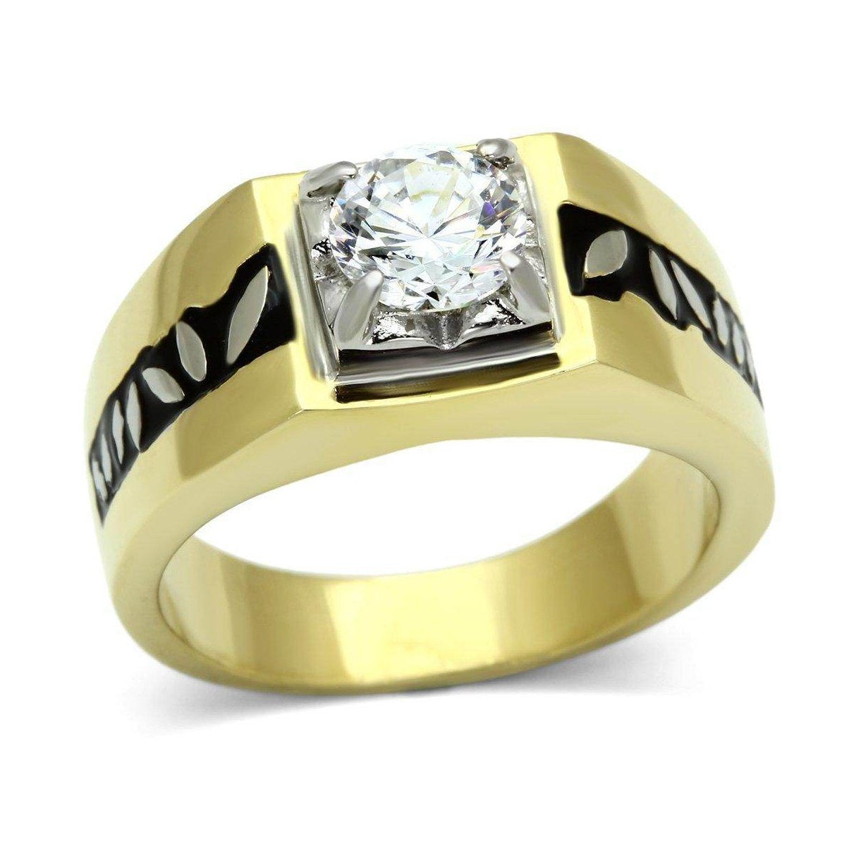 Stylish men's gold ring with a black band design ring and a sparkling center stone