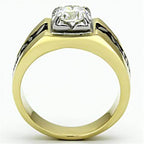 Men's black band design ring featuring a sparkling clear gemstone on a two-tone setting