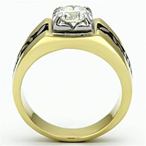 Men's black band design ring featuring a sparkling clear gemstone on a two-tone setting