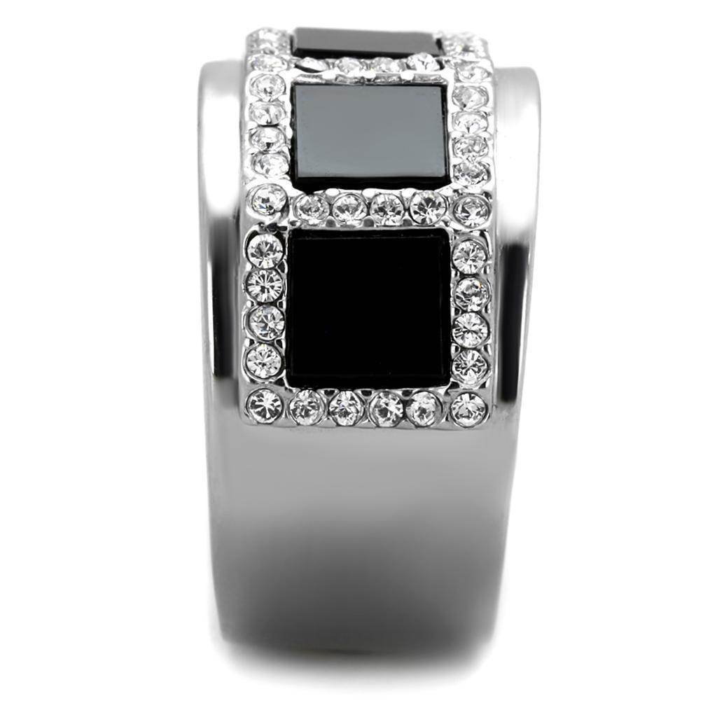 Men's ring featuring black block synthetic onyx jewelry with sparkling rhinestone accents