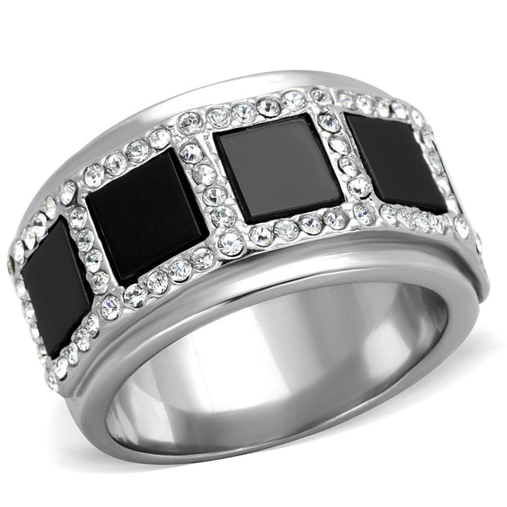 Men's Ring featuring black block synthetic onyx jewelry and sparkling crystal accents in a sleek design