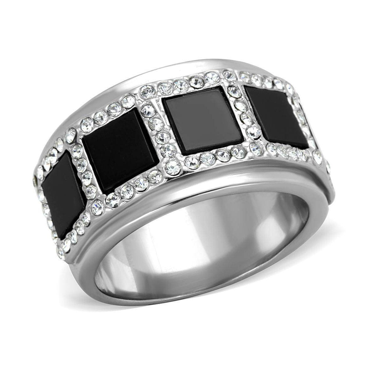 Men's Ring featuring black block synthetic onyx jewelry and sparkling crystal accents in a sleek design