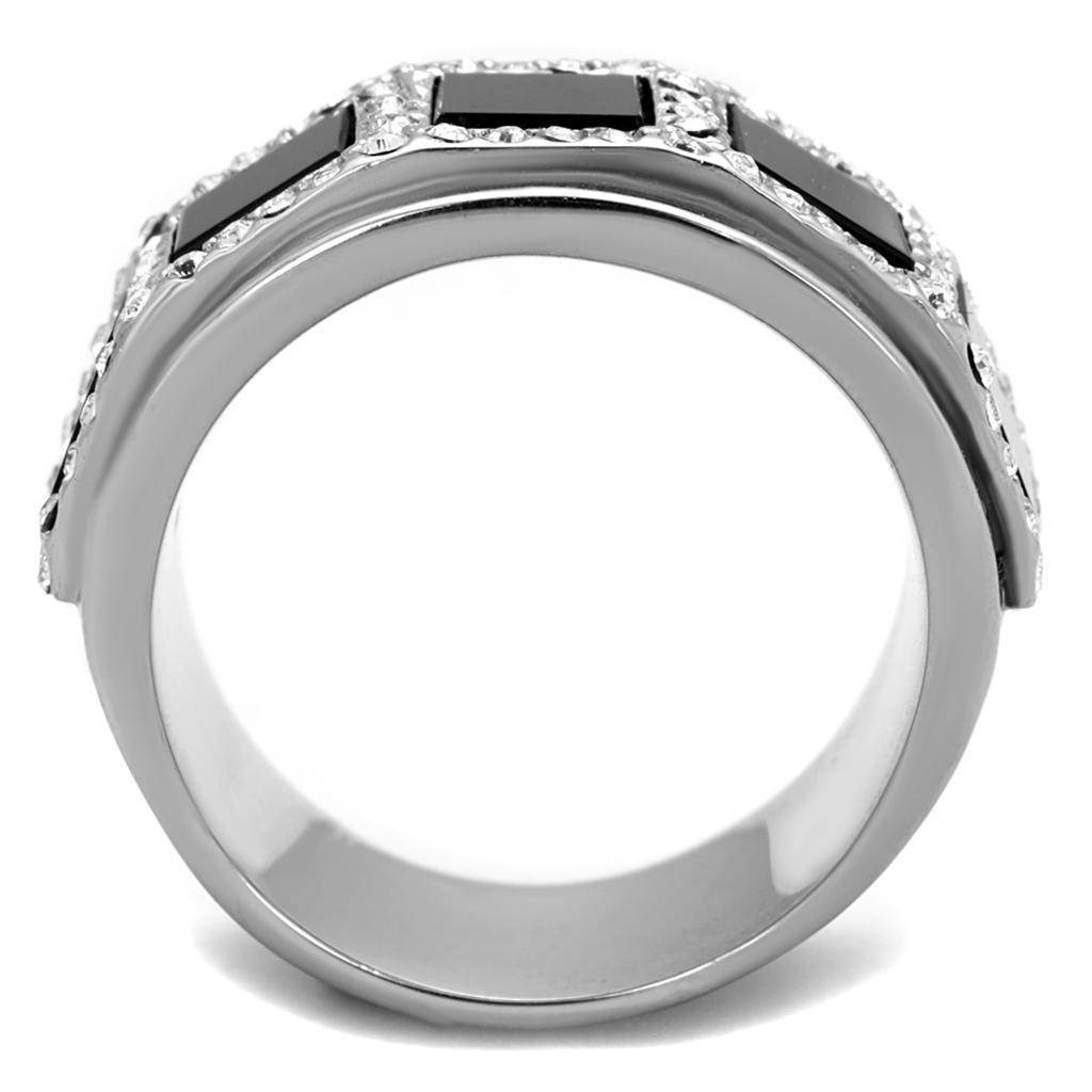 Men's ring featuring black block synthetic onyx jewelry with a sleek silver band and elegant design
