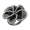 Black brass floral ring with sparkling stones in a unique flower design for stylish women