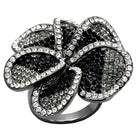 Black brass floral ring with sparkling stones in a unique flower design for stylish women