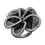 Black brass floral ring with sparkling stones in a unique flower design for stylish women