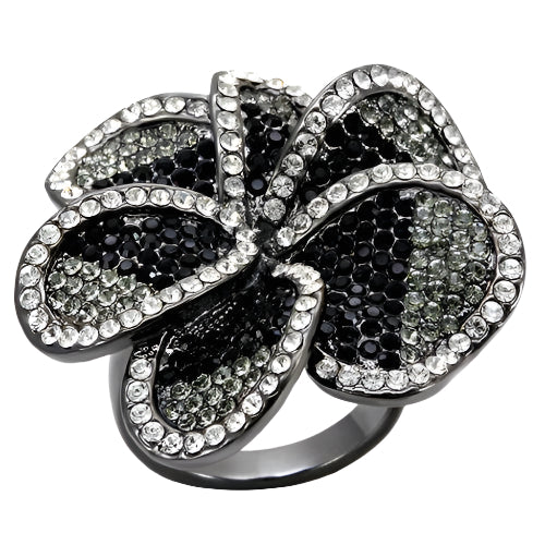 Black brass floral ring with sparkling stones in a unique flower design for stylish women