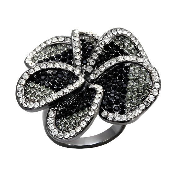 Black brass floral ring with sparkling stones in a unique flower design for stylish women