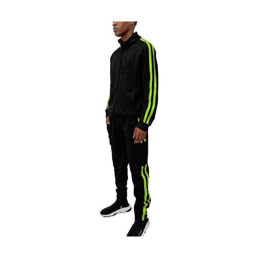 Men's 2PC Track Set featuring a black cargo jacket and pants with neon green stripes