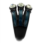 Elegant black diamond crystal ring featuring three shimmering stones on a sleek band