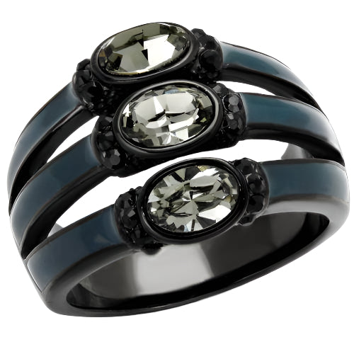 Stylish black diamond crystal ring with three oval stones for elegant women's jewelry