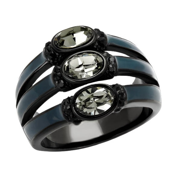 Stylish black diamond crystal ring with three oval stones for elegant women's jewelry