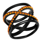 Elegant black fire crystal ring with intertwined bands and vibrant orange gemstones for a stunning look