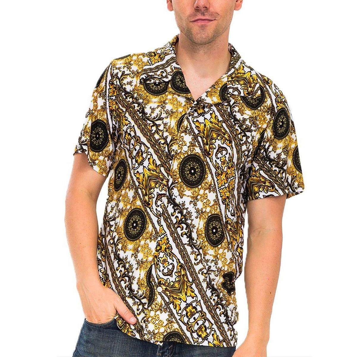 Men's WEIV black gold print shirt with bold patterns for a stylish summer look