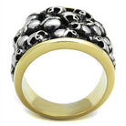 Black gold skull ring featuring multiple intricate skull designs with a bold finish