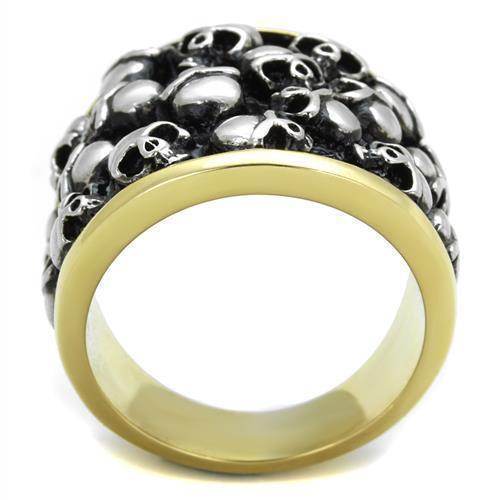 Black gold skull ring featuring multiple intricate skull designs with a bold finish