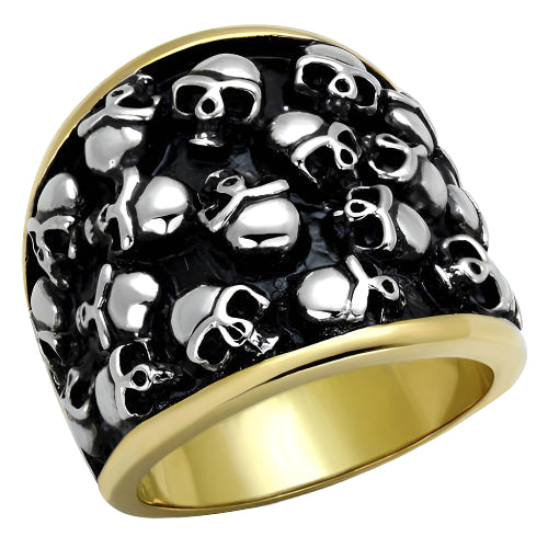 Black gold skull ring featuring intricate skull designs and a polished finish for a bold statement