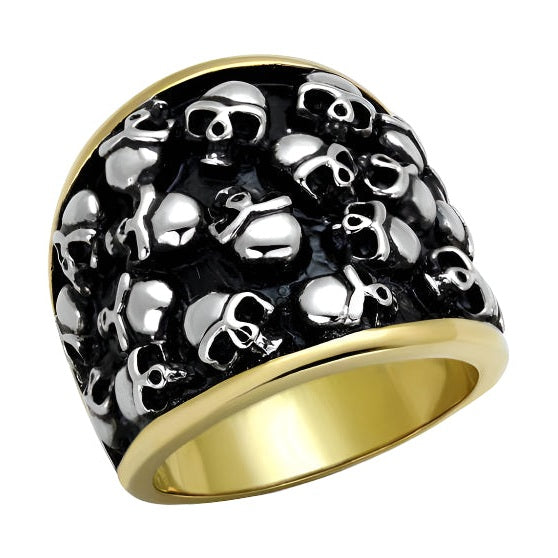 Black gold skull ring featuring intricate skull designs and a polished finish for a bold statement