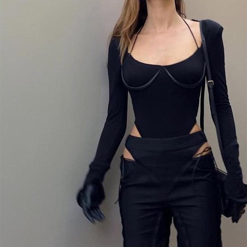 Women's Clubwear Black Halter Bodysuit Sexy Square Collar Long Sleeves Shirt...