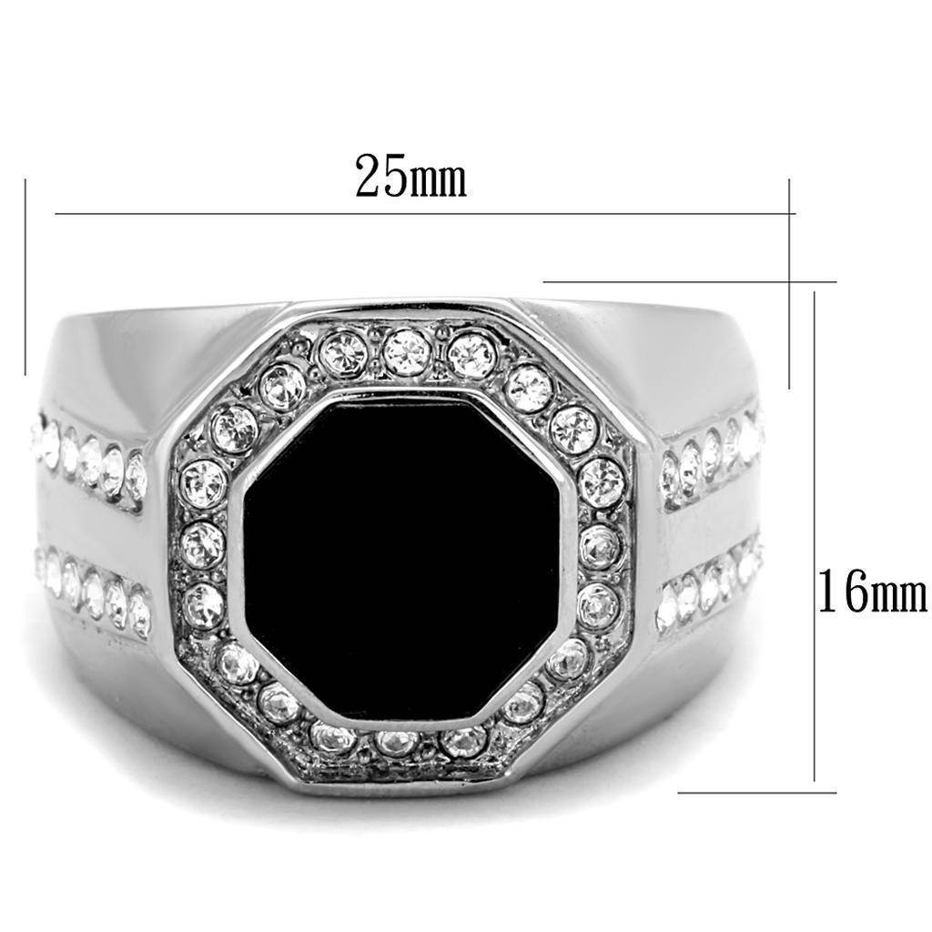 Stylish black octagon stainless steel ring with decorative crystals for men's jewelry fashion