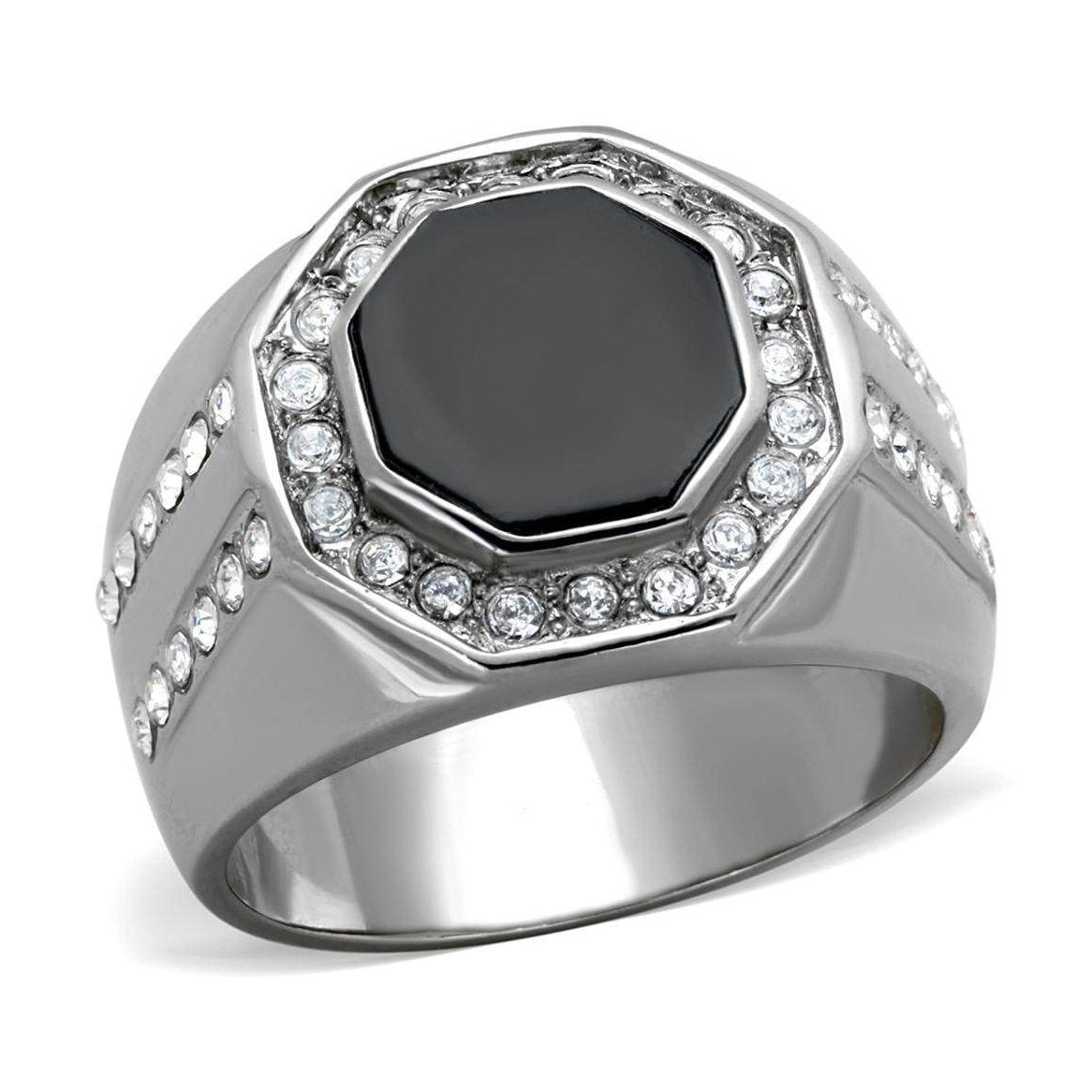 Stylish black octagon stainless steel ring featuring a glossy black center and sparkling accents