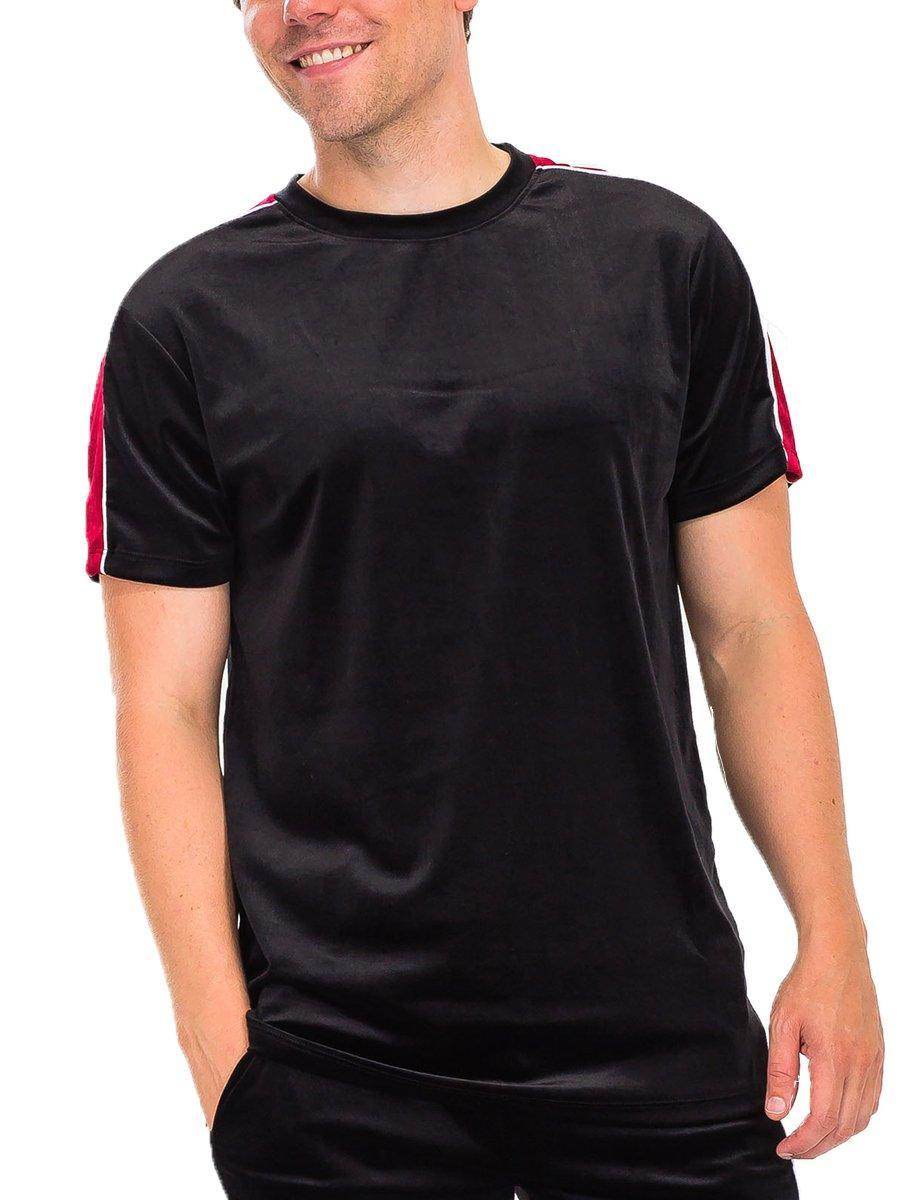 Mens black red stripe shirt featuring comfortable fabric and sporty design for casual wear
