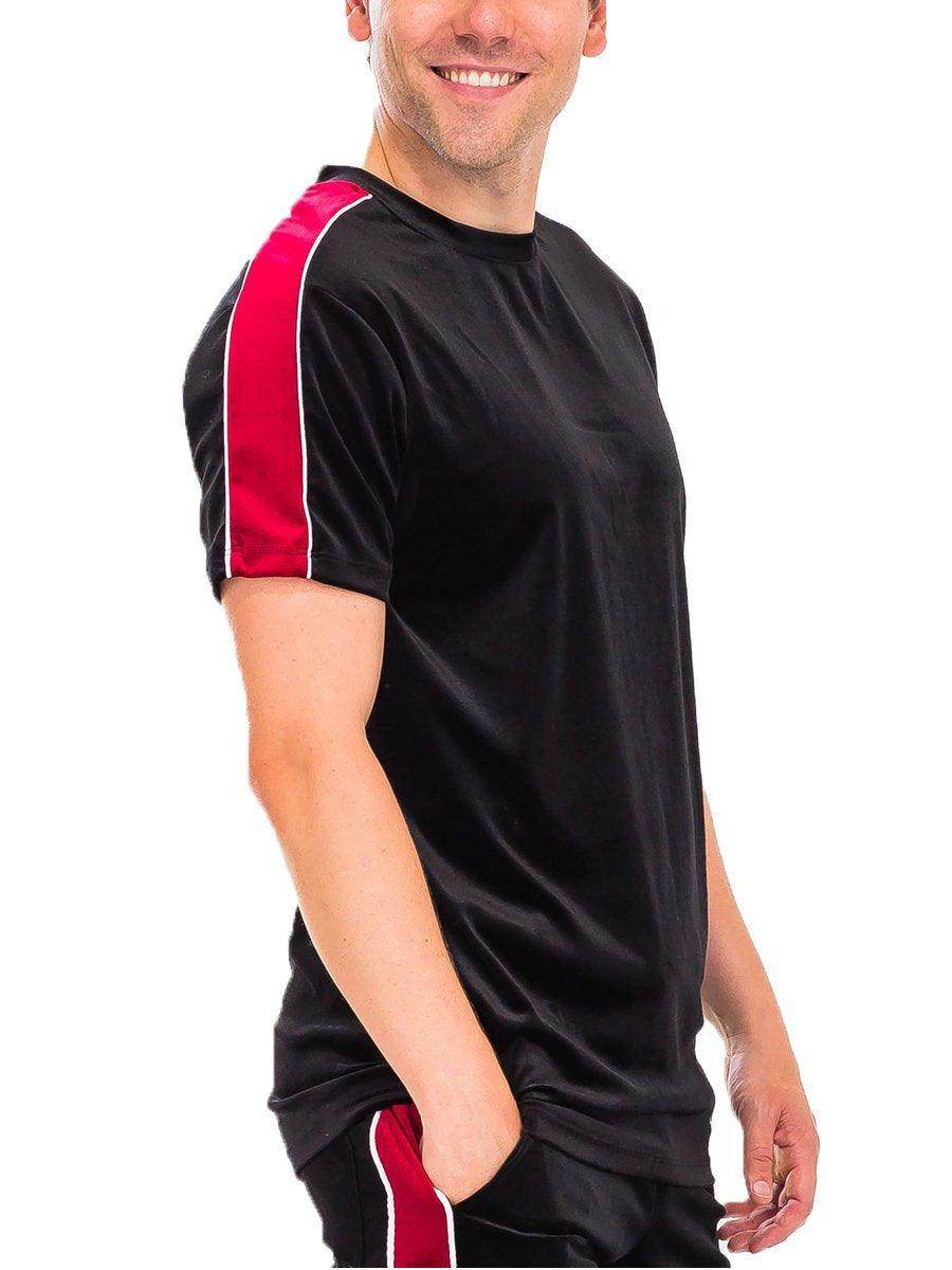 Mens Black Red Stripe Velvet Short Sleeve T Shirt - VacationGrabs