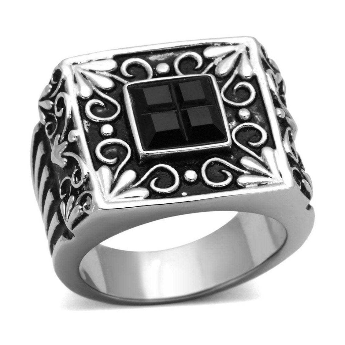 Stylish black ring for men fashion with ornate silver detailing and a square black gemstone