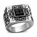Stylish black ring for men fashion with ornate silver detailing and a square black gemstone