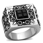 Stylish black ring for men fashion with ornate silver detailing and a square black gemstone