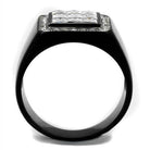 Men's black ring with cubic zirconia stones featuring a bold rectangular design and shiny finish