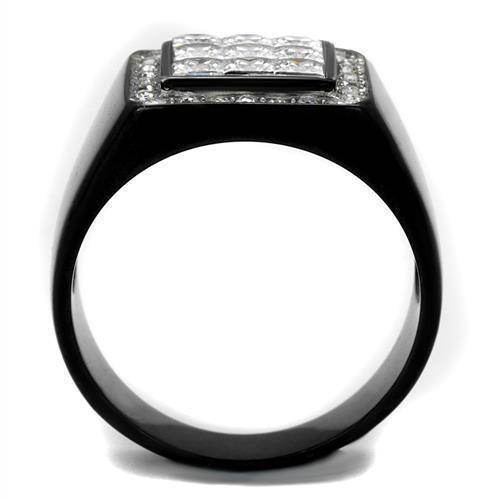 Men's black ring with cubic zirconia stones featuring a bold rectangular design and shiny finish