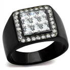Elegant black ring with cubic zirconia stones featuring a square design and sparkling accents