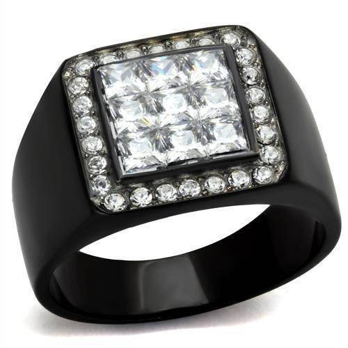 Elegant black ring with cubic zirconia stones featuring a square design and sparkling accents