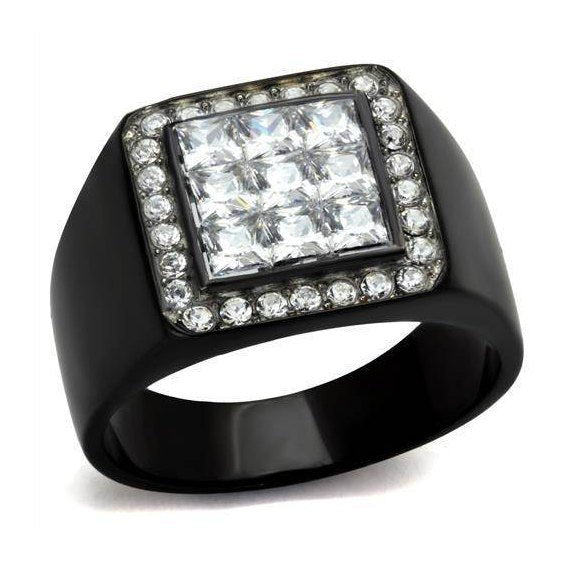 Elegant black ring with cubic zirconia stones featuring a square design and sparkling accents