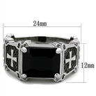 Stylish black silver cross ring for men featuring an emerald cut black stone and cross details.