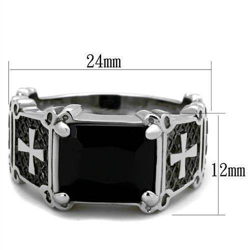 Stylish black silver cross ring for men featuring an emerald cut black stone and cross details.