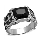 Stylish black silver cross ring for men with a large black stone and detailed design
