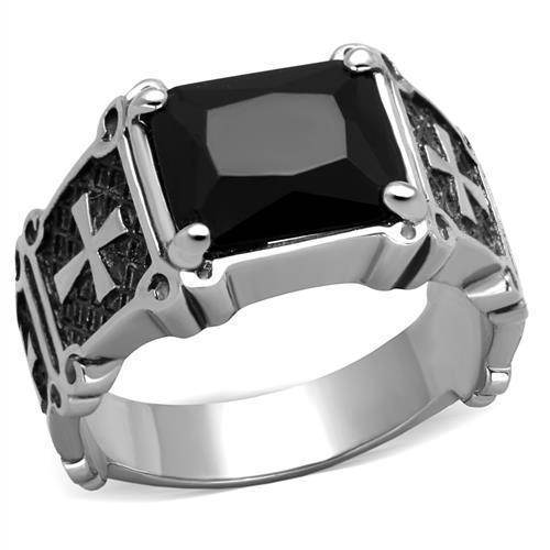 Stylish black silver cross ring for men with a large black stone and detailed design
