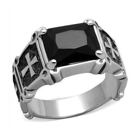 Stylish black silver cross ring for men with a large black stone and detailed design